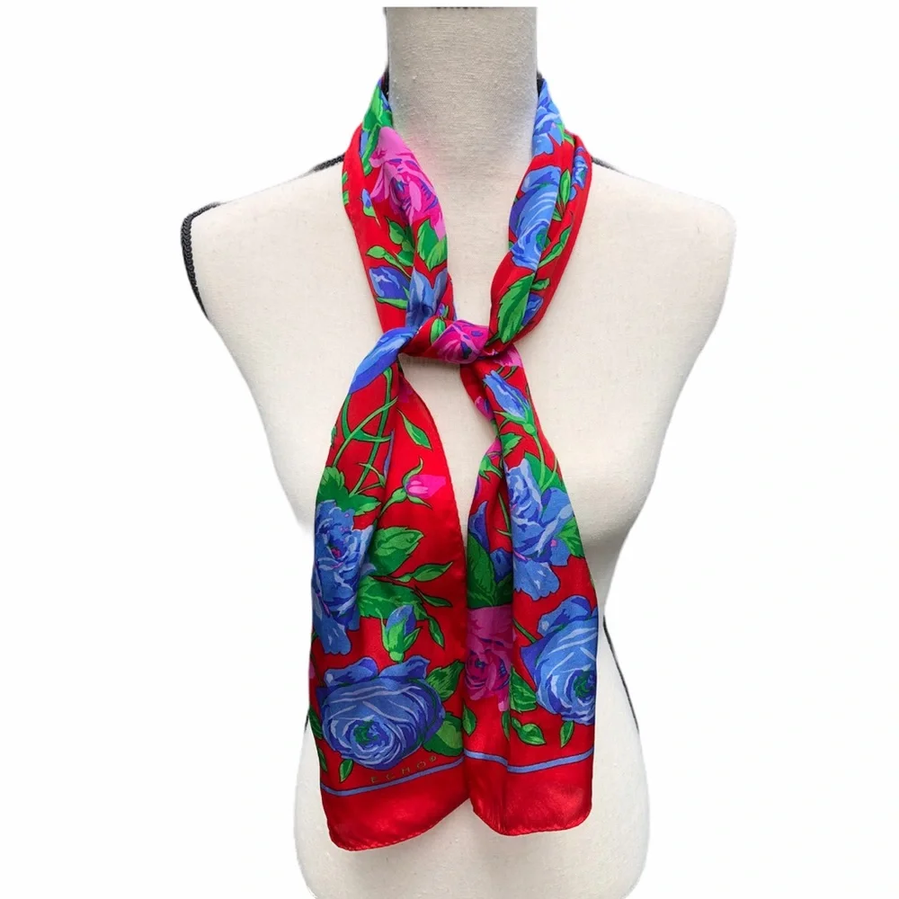 Vintage 100% Silk Red Floral Rose Scarf | ECHO